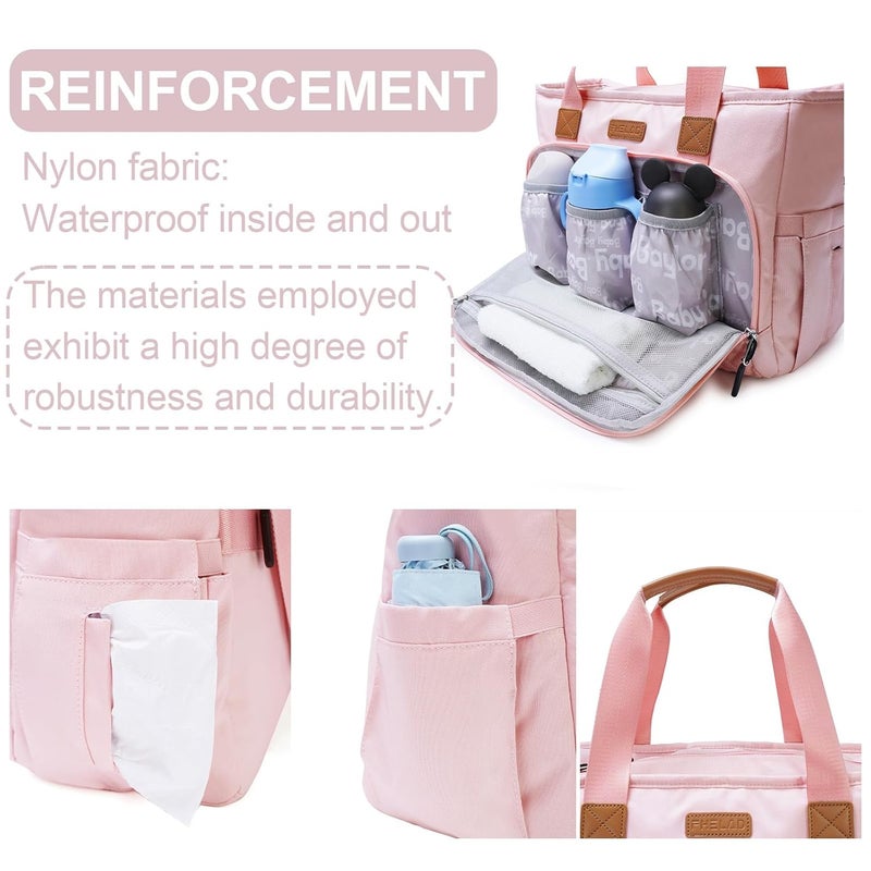 FHELAD Diaper Tote Bag for Women, Baby Bags with 15.6 Inch Laptop Compartment, Travel Diaper Bag with Insulated Pocket Ideal for Baby Registry (Pink) - Image 3
